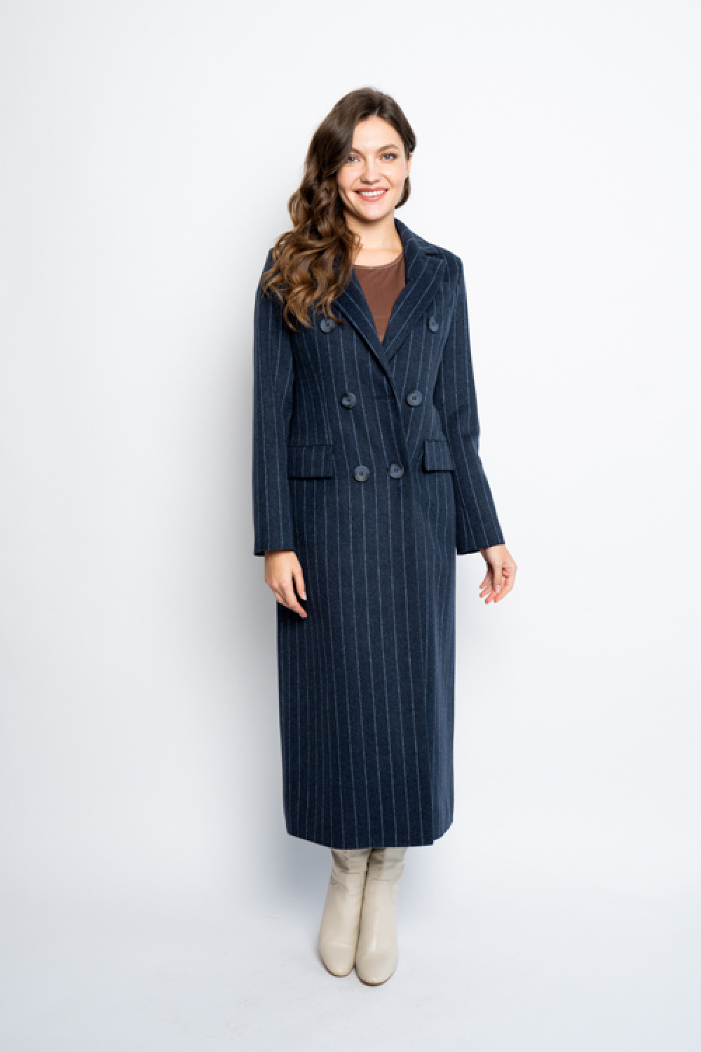 Длинное женское приталенное пальто AS091m/сине-голубая_полоска